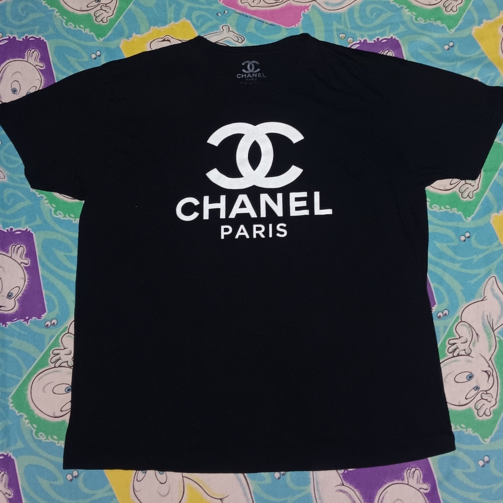 CHANEL Black Short Sleeve Tee with White CC Logo and PARIS Text